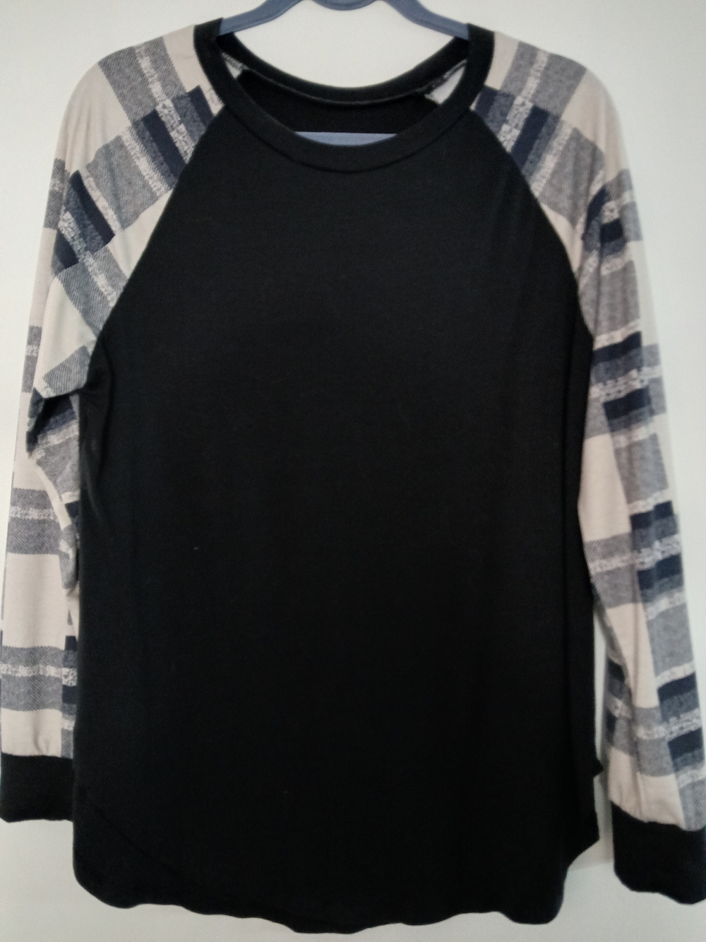 Black Raglan Long-Sleeve Top with Plaid Sleeves